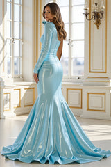 Blaues Ein Schulter Ballkleid aus Satin mit Schlitz