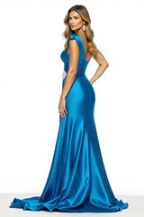 Blaues A-Linie Satin Ballkleid mit Schlitz