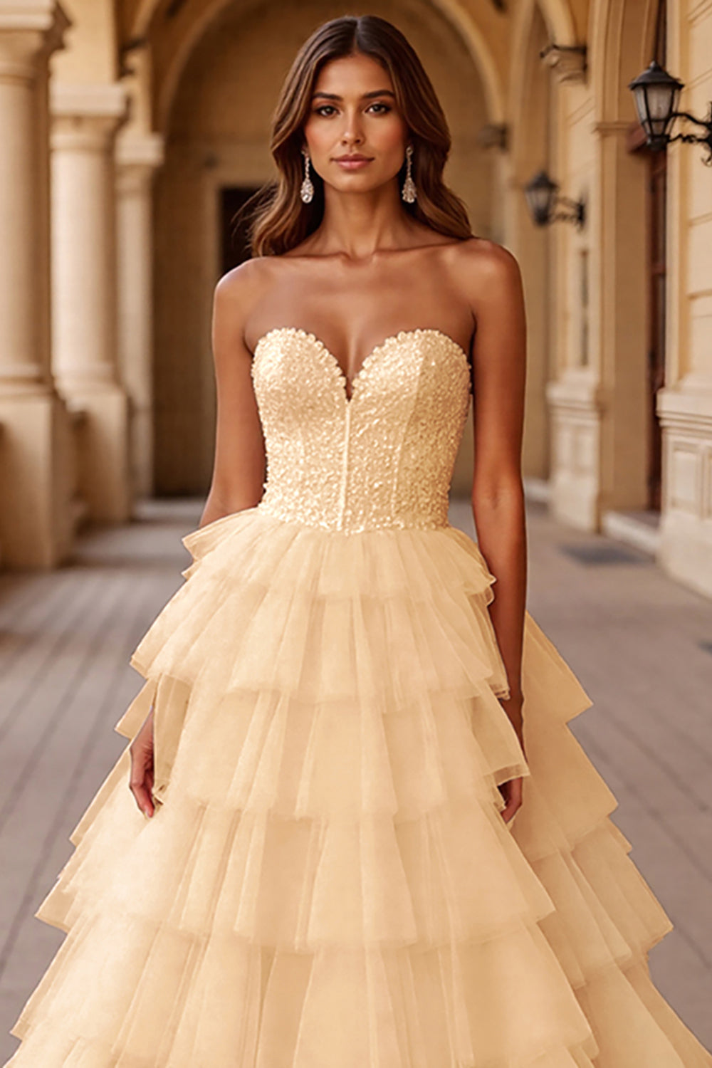 Blush A Linie Ballkleid aus Tüll mit Rüschen