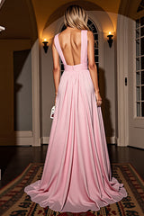 Rosa A-Linie V-Ausschnitt Ballkleid mit Rüschen und Schlitz