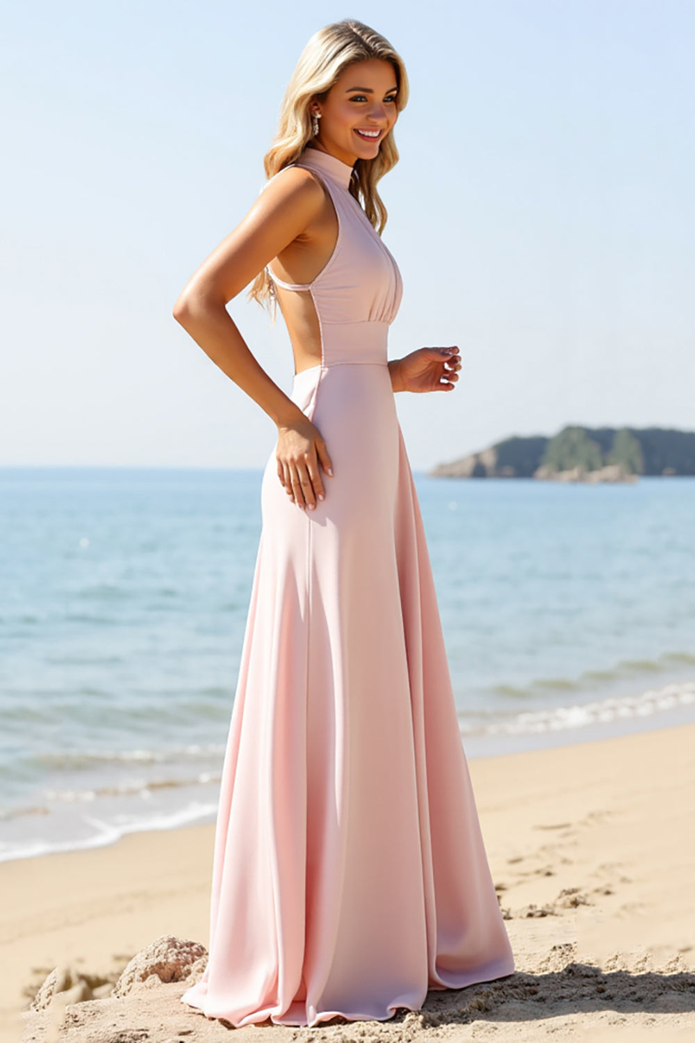 Bonbonrosa Neckholder Langes Brautjungfernkleid