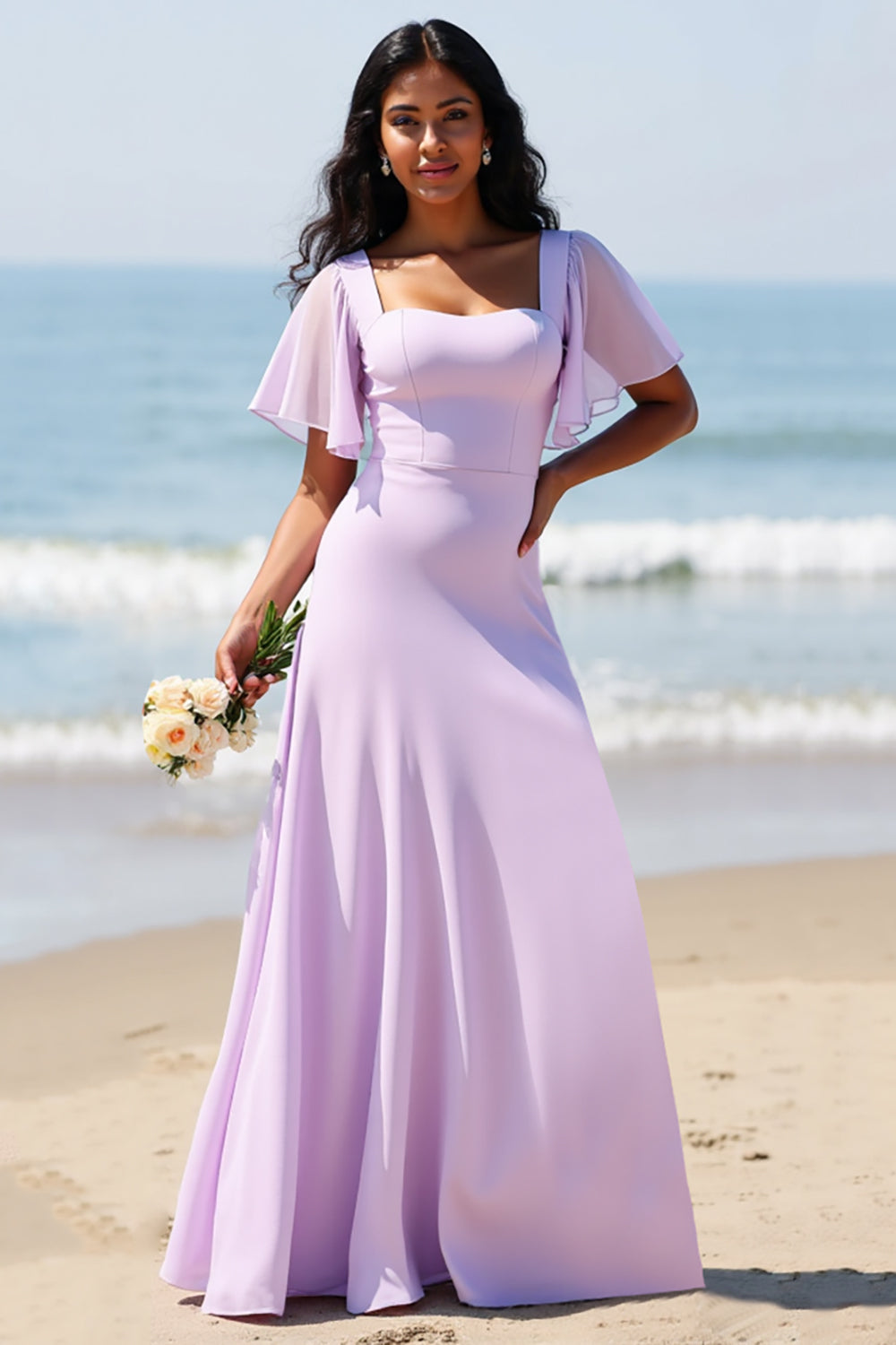 Lila Chiffon A Linie Langes Brautjungfernkleid