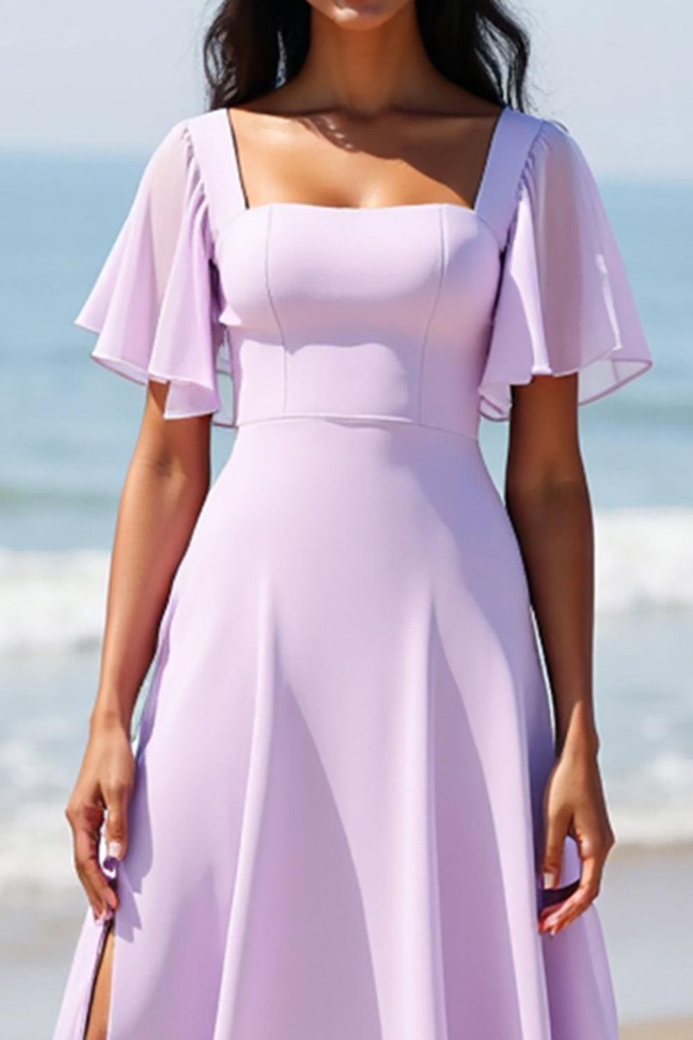 Lila Chiffon A Linie Langes Brautjungfernkleid