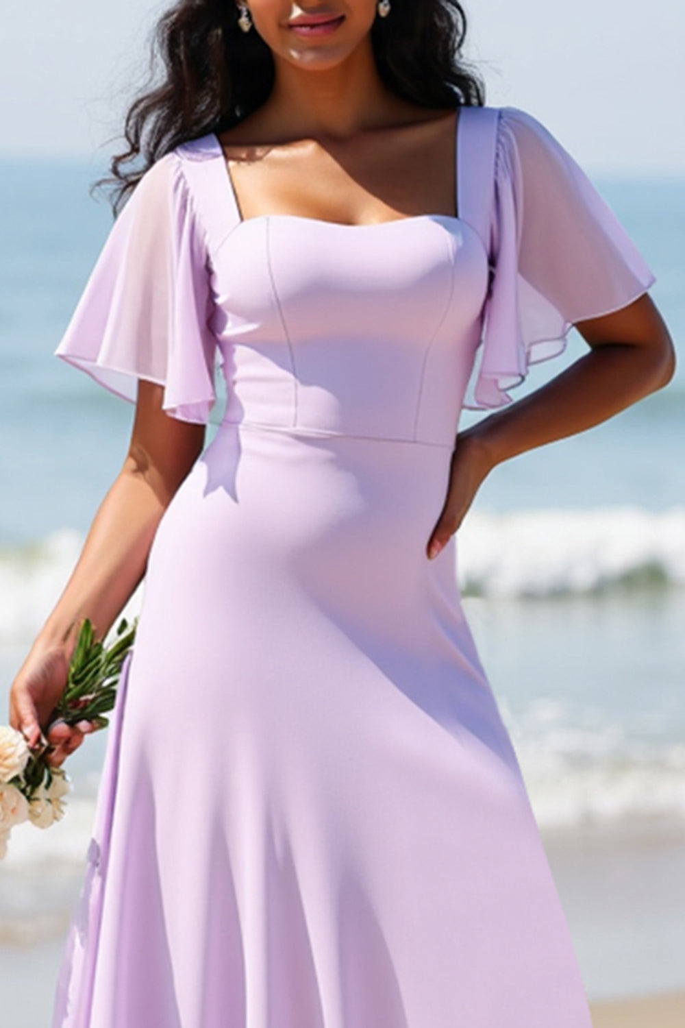 Lila Chiffon A Linie Langes Brautjungfernkleid