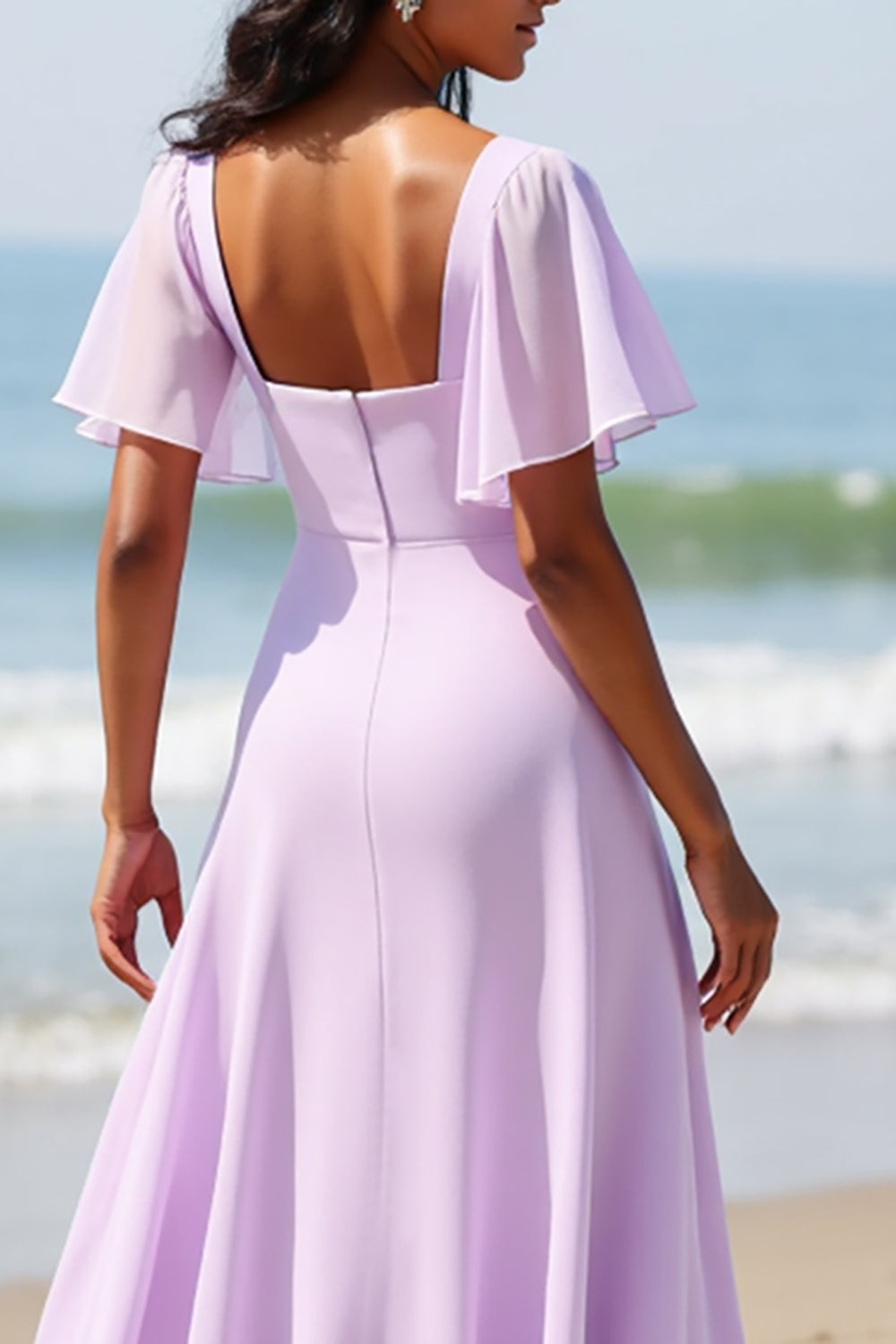 Lila Chiffon A Linie Langes Brautjungfernkleid