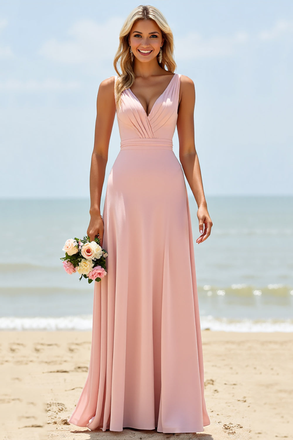 Blush Langes V-Ausschnitt Brautjungfernkleid in A-Linie