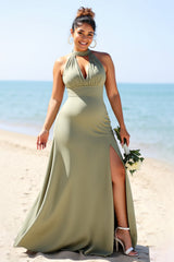 Olive Plus Size Neckholder Satin Langes Brautjungfernkleid mit Schlitz