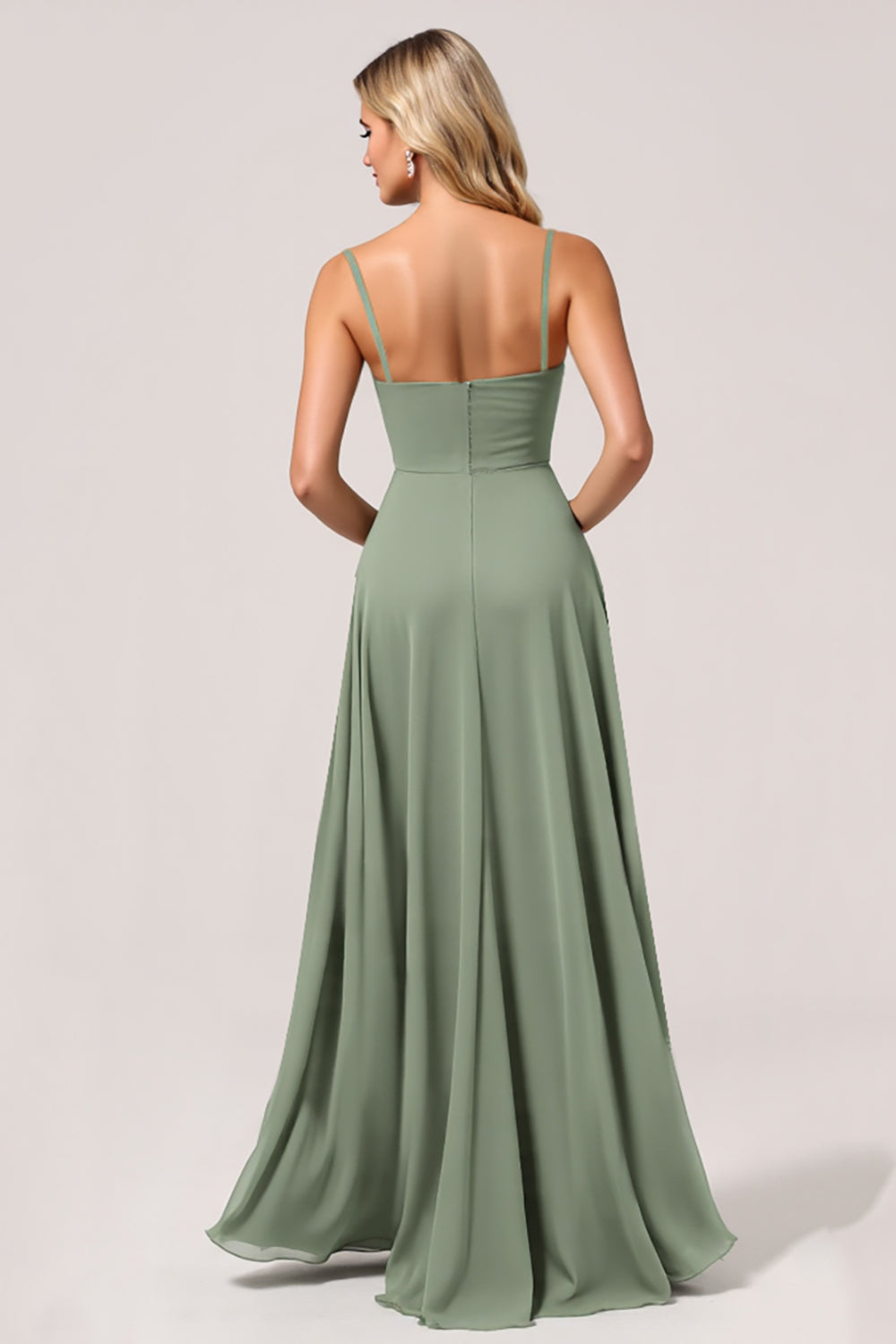 Eukalyptus Chiffon A Linie Langes Brautjungfernkleid mit Schlitz