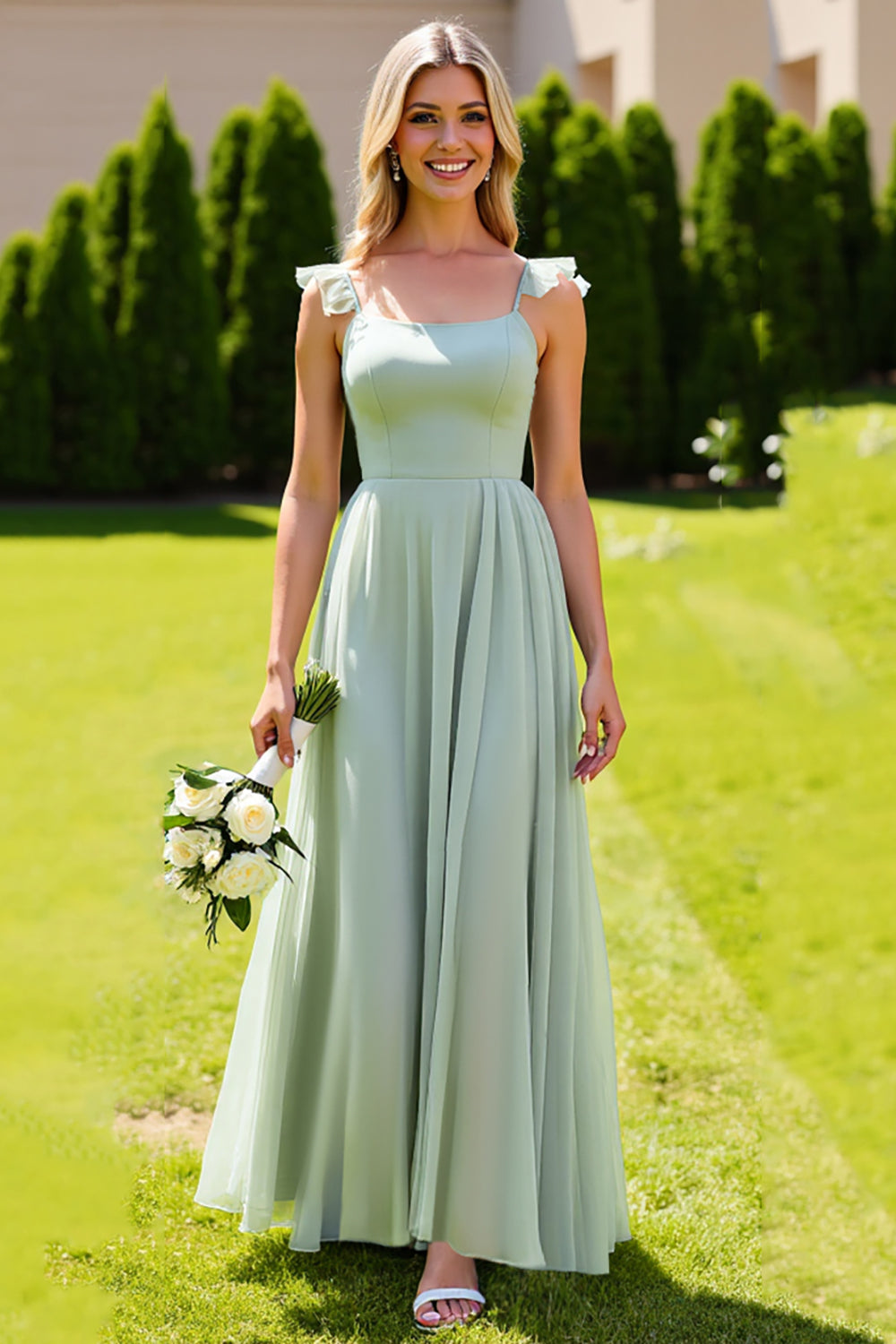 Salbeigrünes Chiffon Spaghettiträger A-Linie Brautjungfernkleid