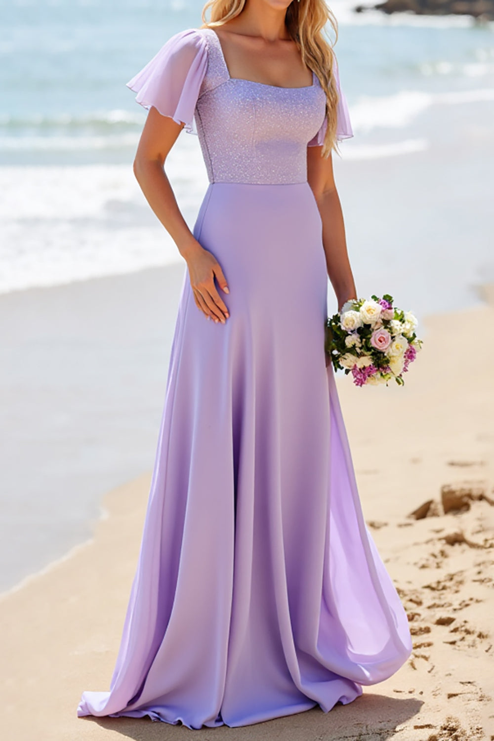 Flieder Satin Flatterärmel A-Linie Brautjungfernkleid mit Perlenstickerei
