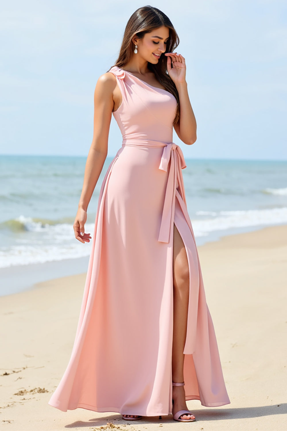 Ein Schulter Bonbonrosa A Linie Brautjungfernkleid mit Schlitz