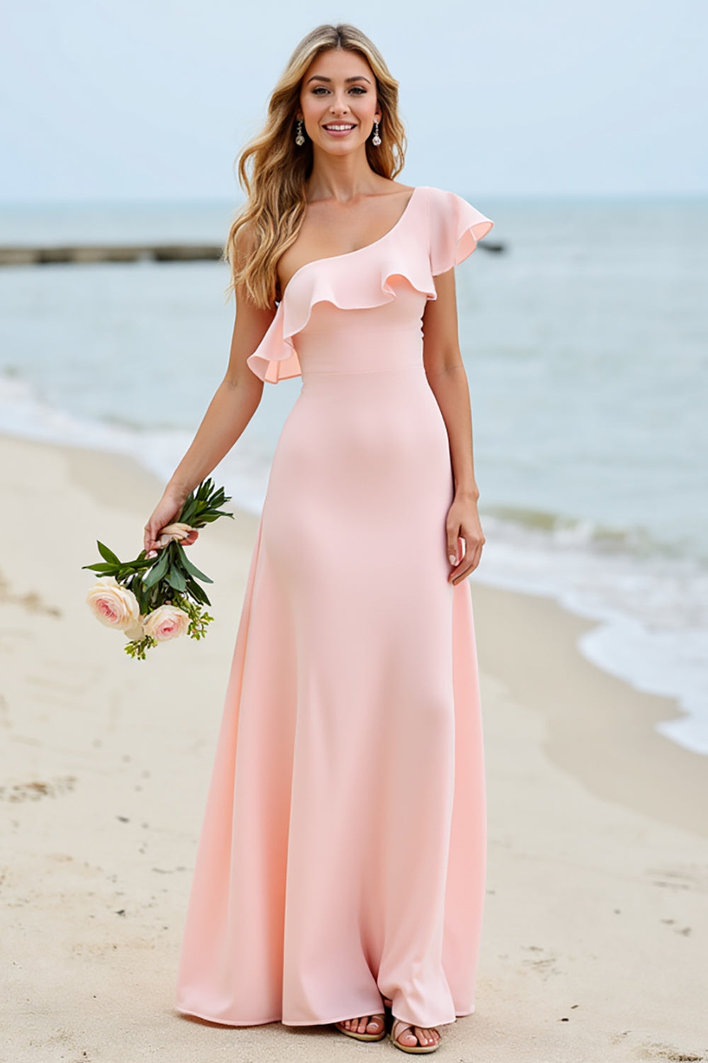 Chiffon Ein Schulter A Linie Bonbonrosa Brautjungfernkleid mit Rüschen