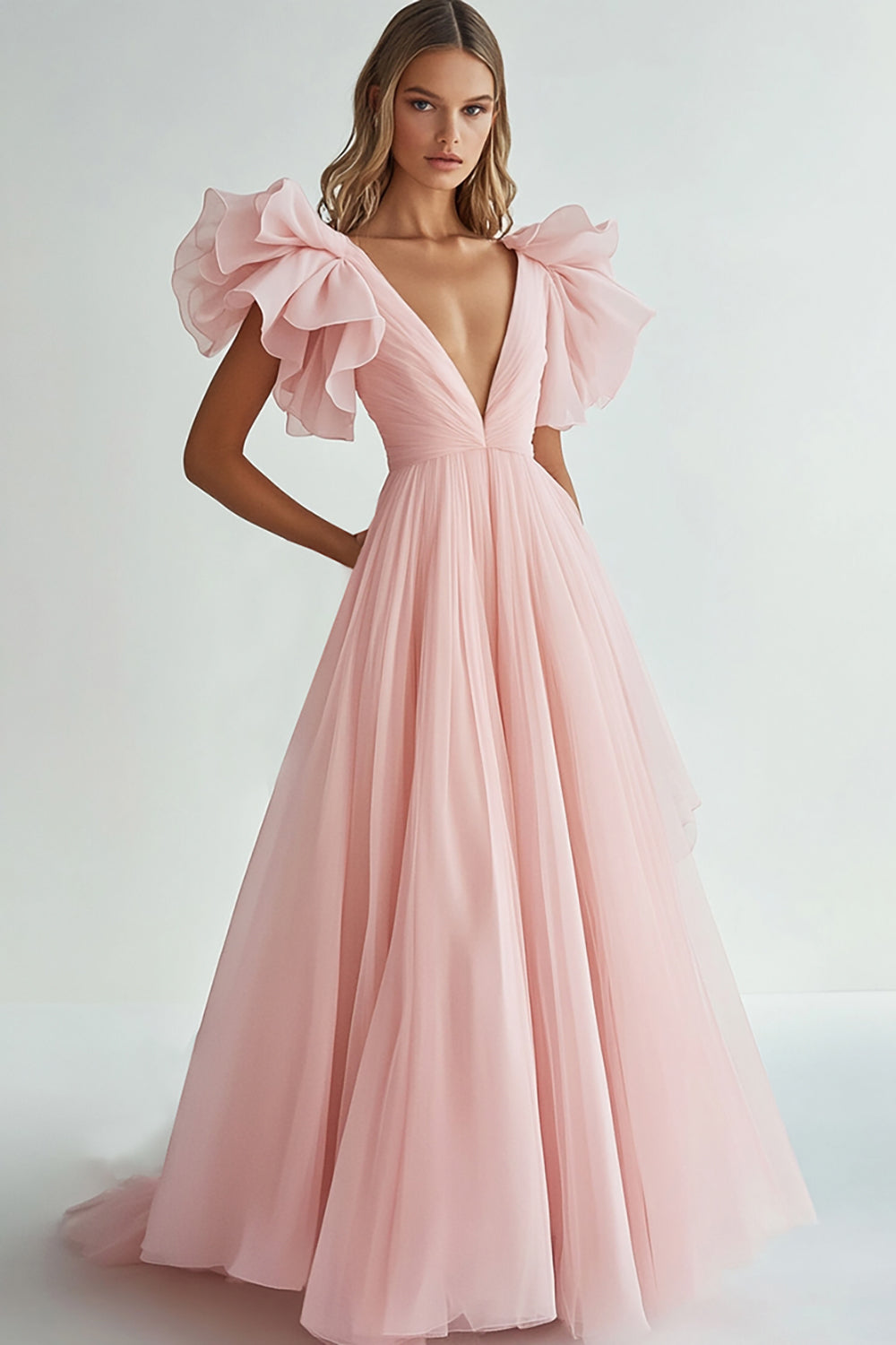 Rosa A-Linie Langes formelles Kleid mit V-Ausschnitt und Rüschen