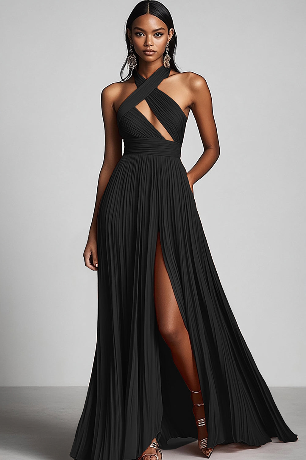 Schwarzes A-Linien-Plissee-Kleid mit Schlitz