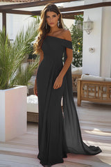 Schwarzes langes formelles Kleid aus Chiffon mit einer Schulter
