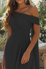 Schwarzes langes formelles Kleid aus Chiffon mit einer Schulter