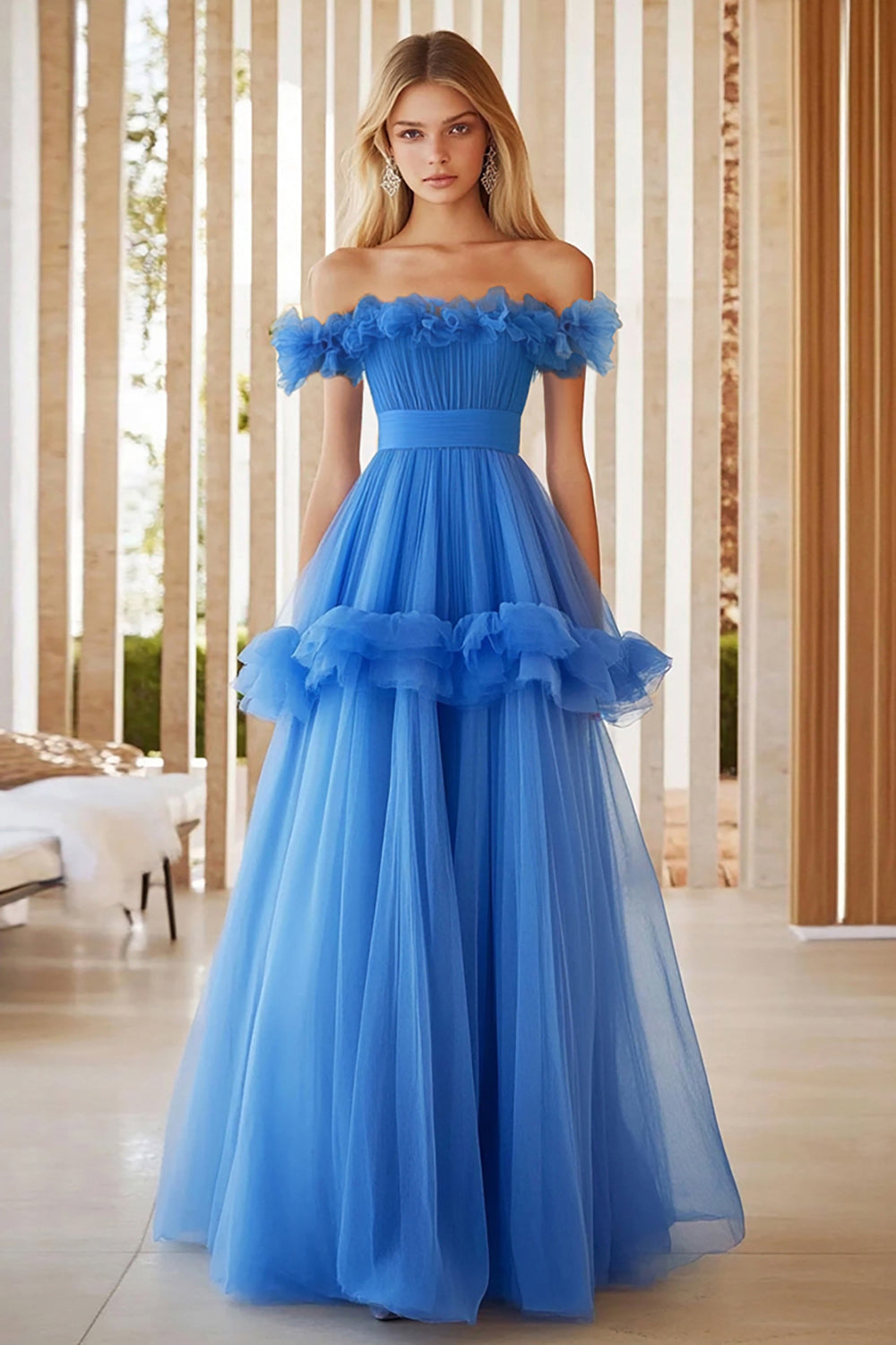 Blaues Schulterfreies Ballkleid in A-Linie mit Rüschen