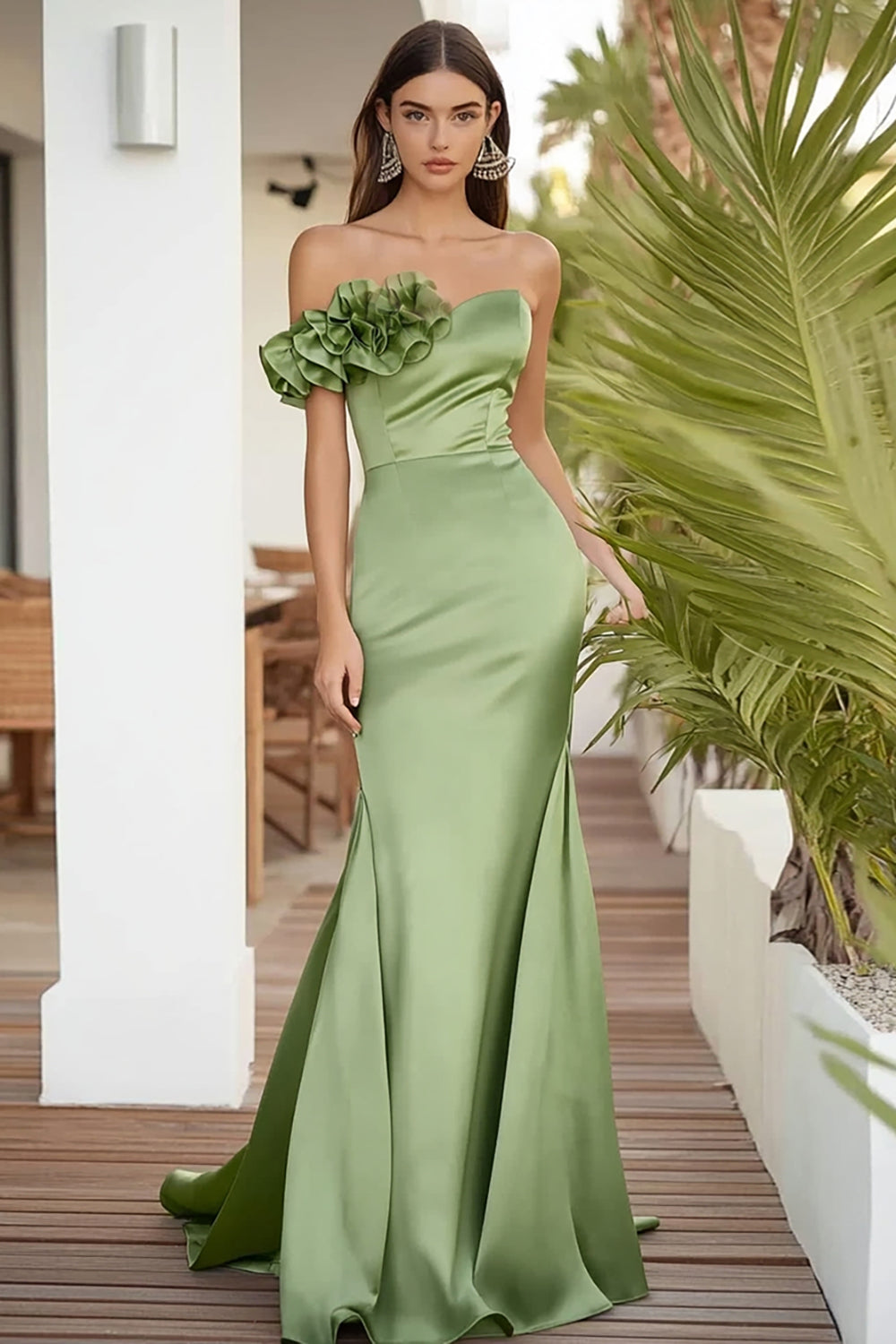 Eine Schulter Salbeigrün Langes Ballkleid mit 3D-Blume
