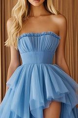 Blaues Asymmetrisches Ballkleid in A-Linie mit Rüschen
