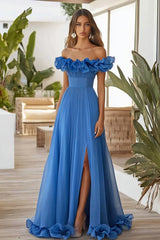 Schulterfreies Blaues A-Linie Ballkleid mit Schlitz
