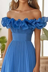 Schulterfreies Blaues A-Linie Ballkleid mit Schlitz