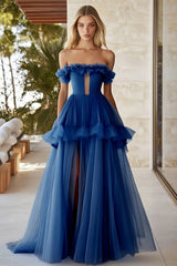Schulterfreies Dunkelblaues Ballkleid mit Schlüsselloch