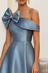 Staubblaues Midi Abendkleid in A-Linie mit Schleife