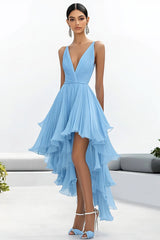 Himmelblaues Asymmetrisches Ballkleid mit V-Ausschnitt und Rüschen