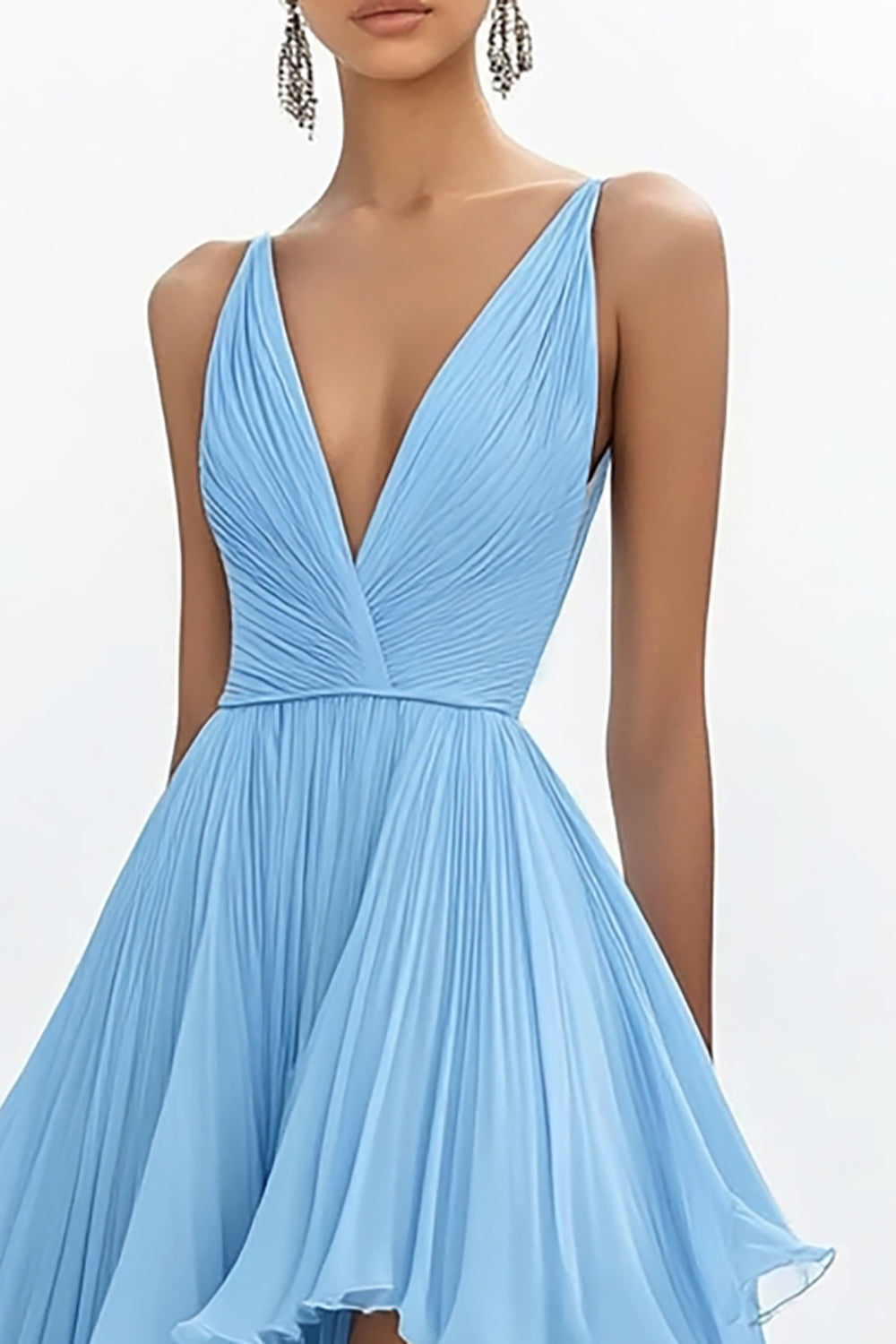 Himmelblaues Asymmetrisches Ballkleid mit V-Ausschnitt und Rüschen