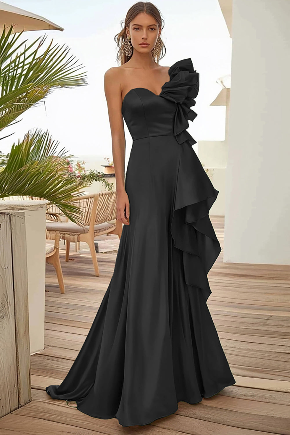 Schwarzes Einschultriges Ballkleid mit Rüschen