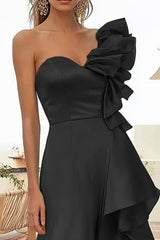 Schwarzes Einschultriges Ballkleid mit Rüschen