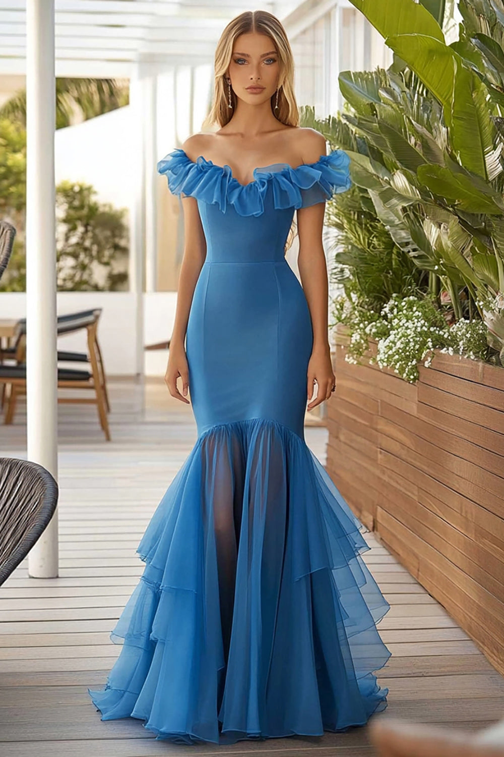 Meerjungfrau Blaues Schulterfreies Langes Ballkleid