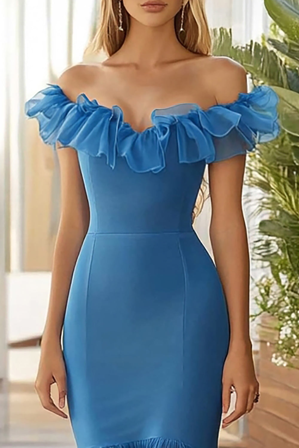 Meerjungfrau Blaues Schulterfreies Langes Ballkleid