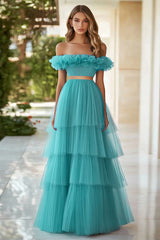 Schulterfreies Seeblau Gestuftes Abendkleid