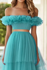 Schulterfreies Seeblau Gestuftes Abendkleid