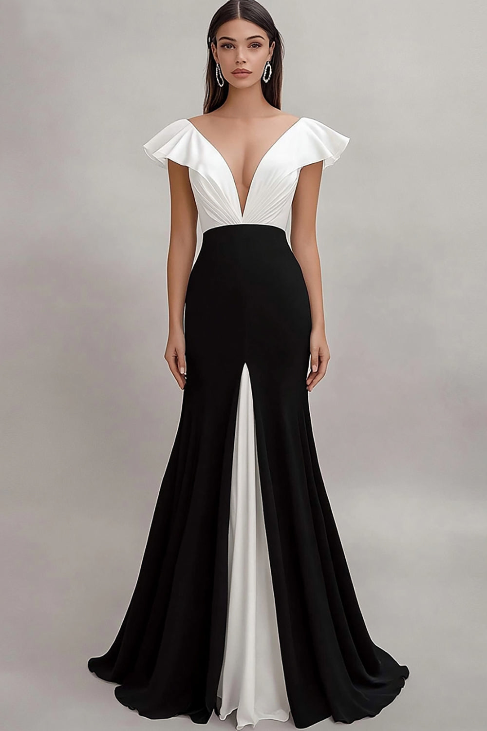 Schwarzes Krawattenkleid mit Rüschen und Flügelärmeln