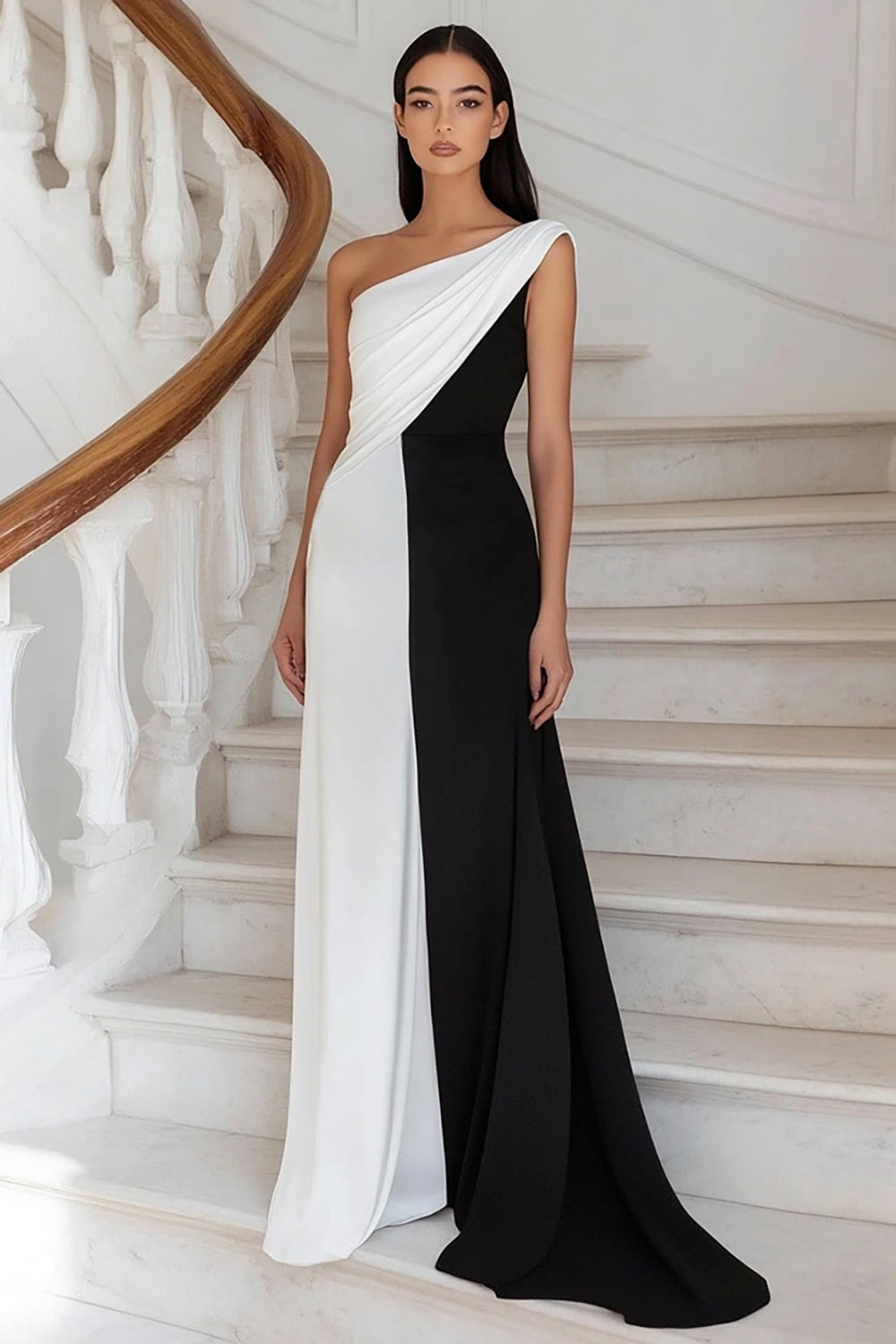 Einschulteriges Schwarz-weißes Ballkleid in A-Linie