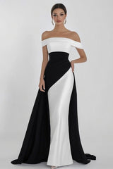 Schulterfreies Schwarz Weißes Langes Ballkleid