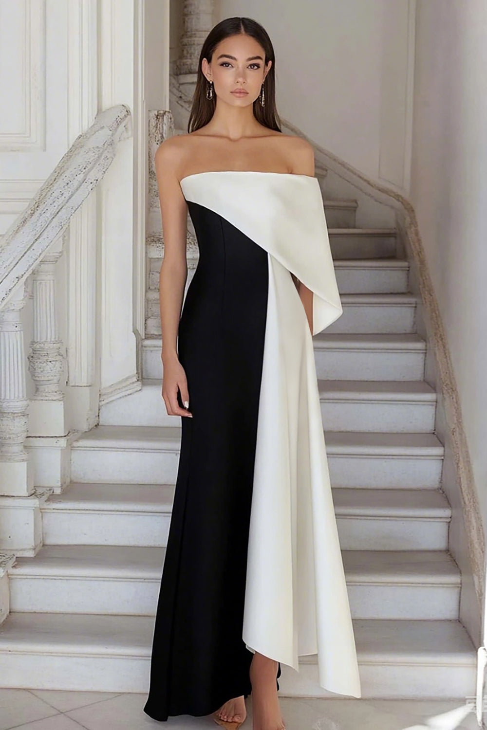 Eine Schulter A Linie Schwarz Weißes Ballkleid