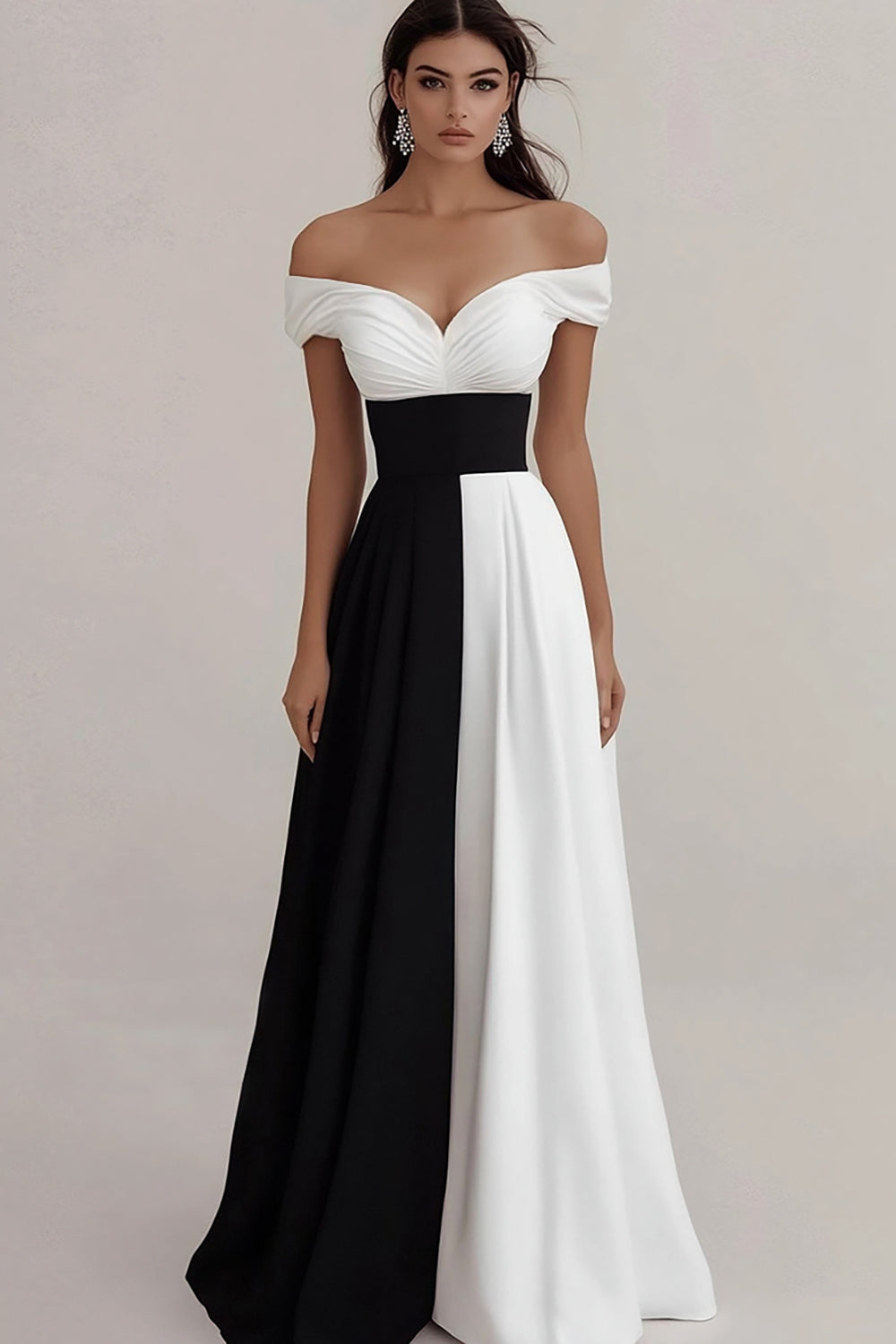 Schulterfreies A Linie Schwarz-Weißes Ballkleid
