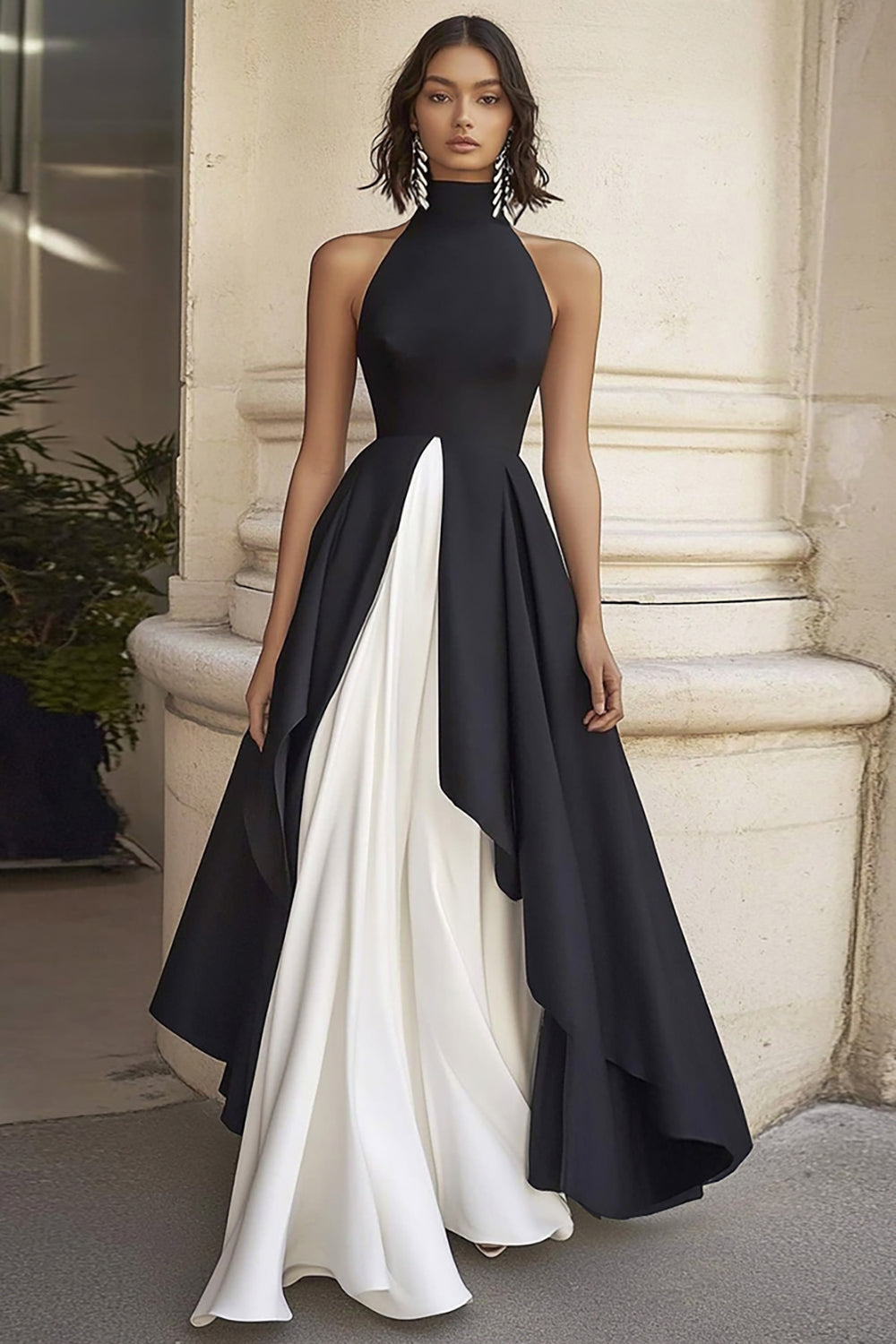 Neckholder A-Linie Langes Schwarzes Krawattenkleid mit Rüschen