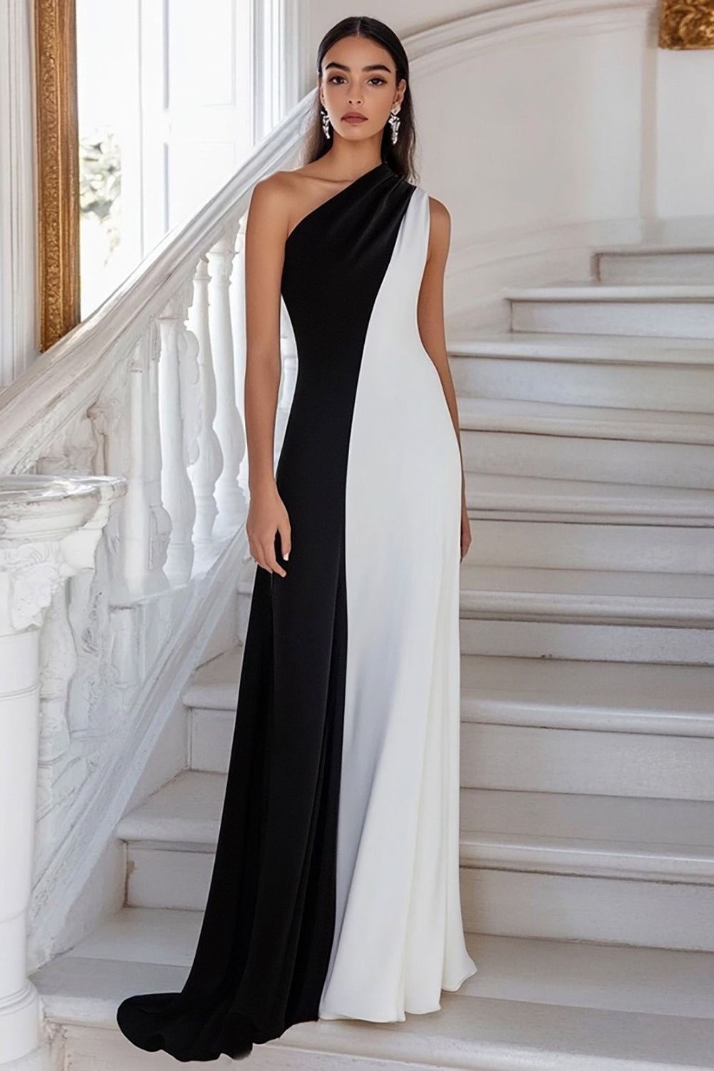 Einschulteriges Schwarz-weißes Langes Ballkleid