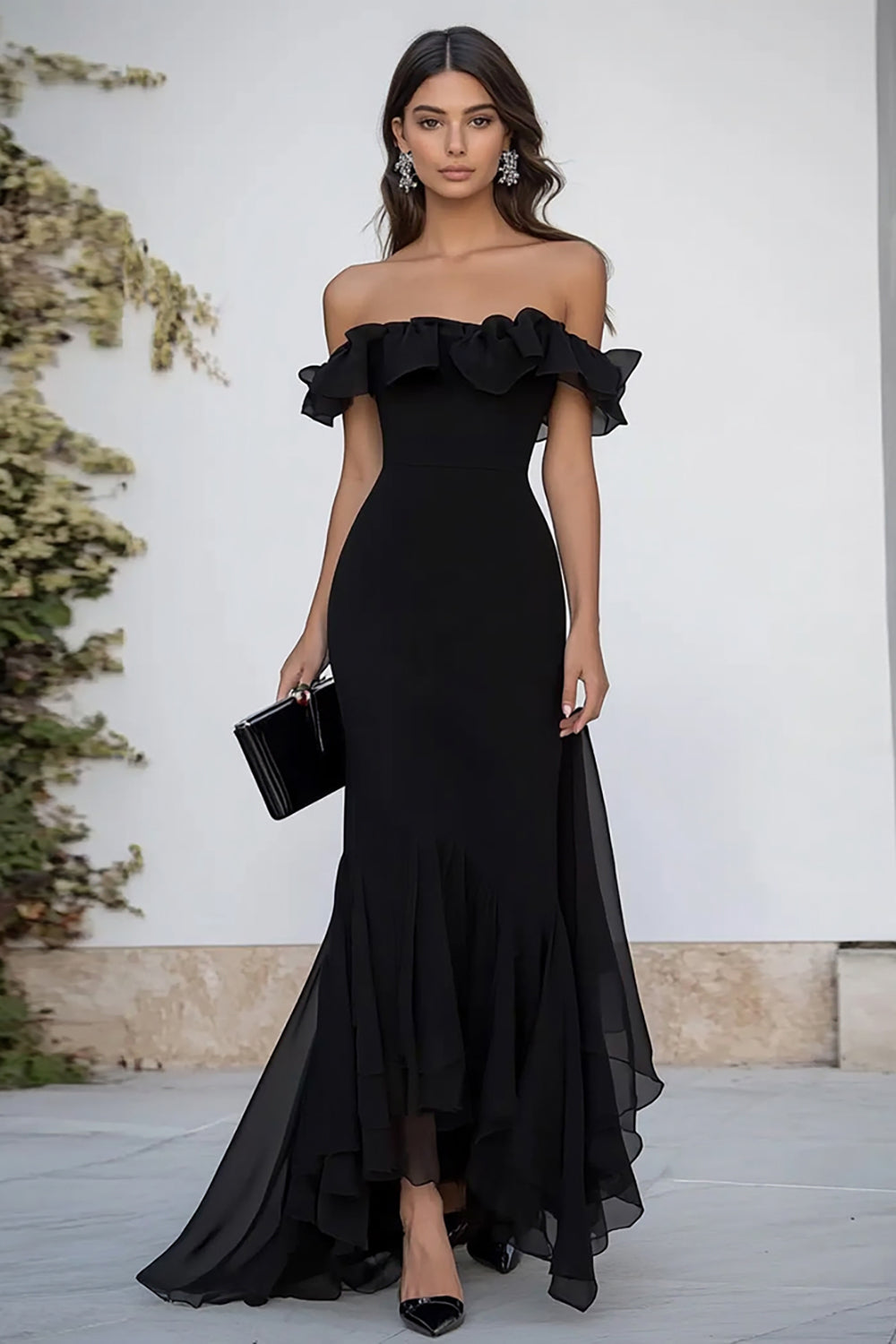 Schwarzes Schulterfreies Langes Ballkleid