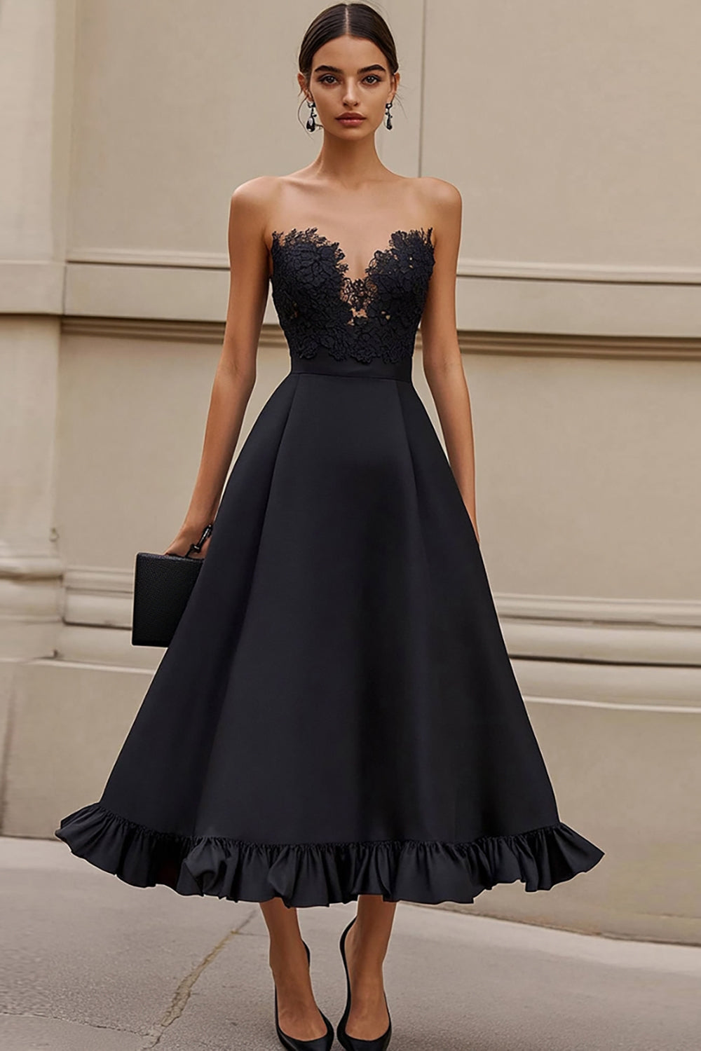 Schwarzes Trägerloses Appliziertes Langes Ballkleid mit Rüschen