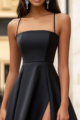 A Linie Schwarzes Satin Ballkleid mit Schlitz