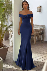 Marineblaues Schulterfreies Langes Abendkleid