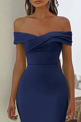 Marineblaues Schulterfreies Langes Abendkleid