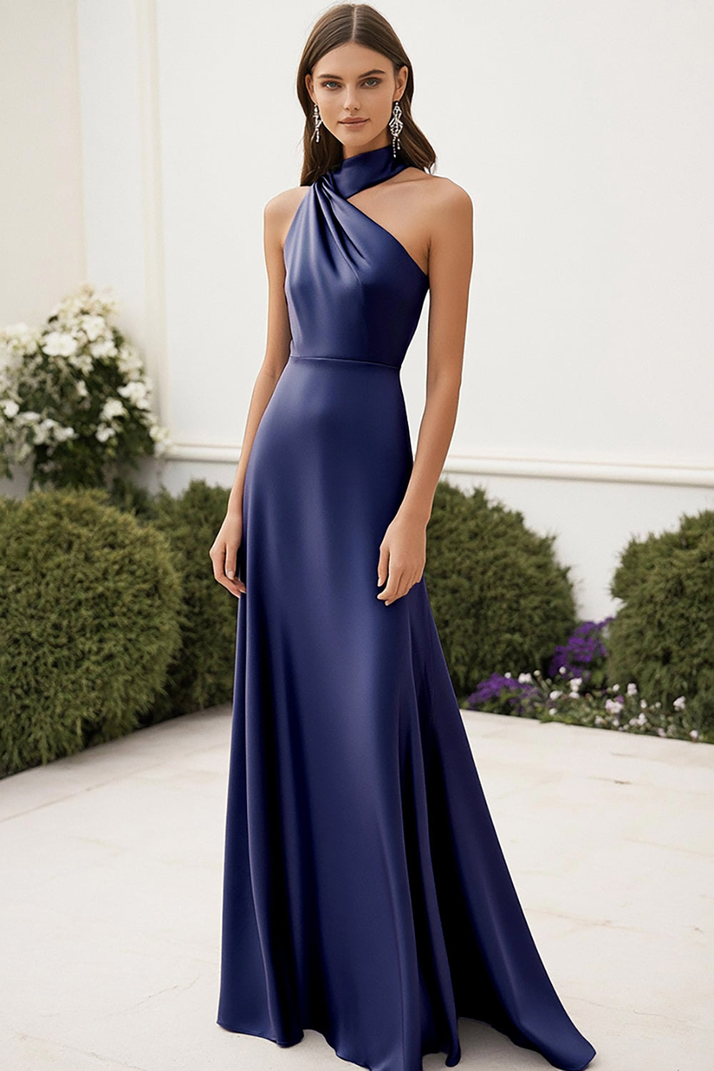 Marineblaues Satin Neckholder A-Linie Langes Ballkleid aus Satin