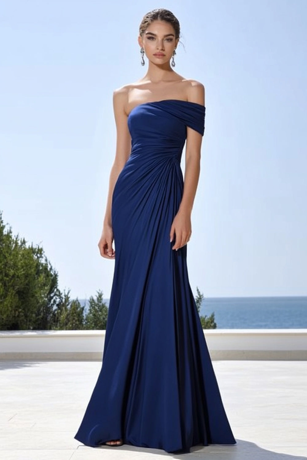 Einschulteriges Meerjungfrauen Ballkleid mit Rüschen in Marineblau