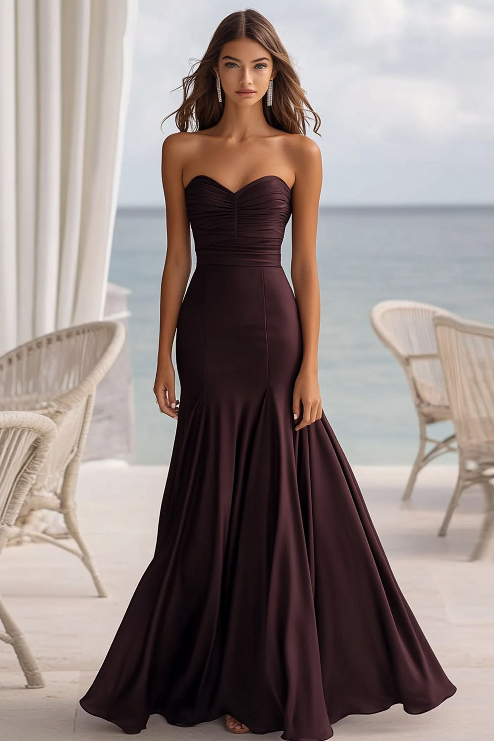 Trägerloses Meerjungfrau Kaffee Ballkleid